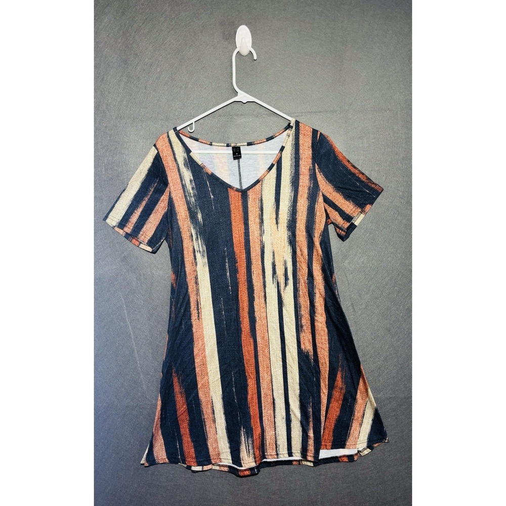 Emery Rose Women's Dress Casual M Brown Striped V-Neck Short Sleeve Stretch Boho - Picture 1 of 14
